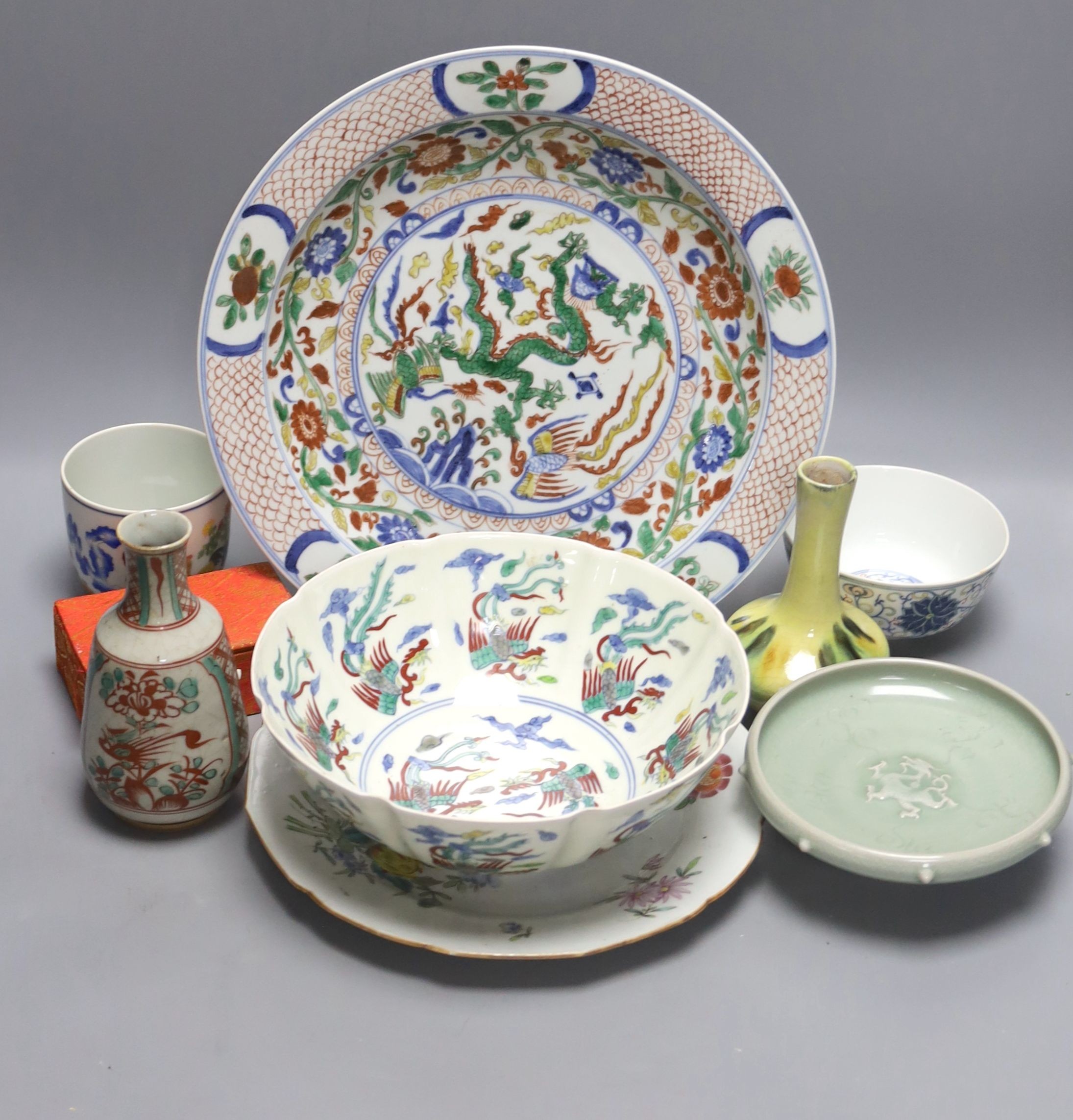 A group of Chinese polychrome porcelain plates, vases, bowls and dishes, 18th–20th century